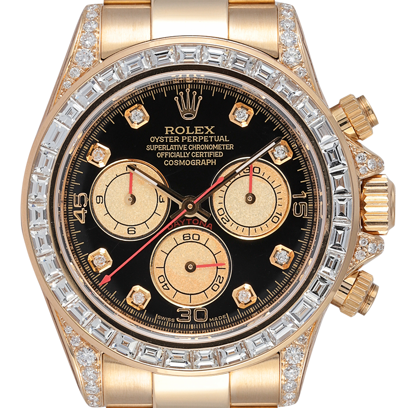 Rolex Daytona 18ct Yellow Gold Diamond Set with Custom Baguette-Cut Diamond Bezel 116528