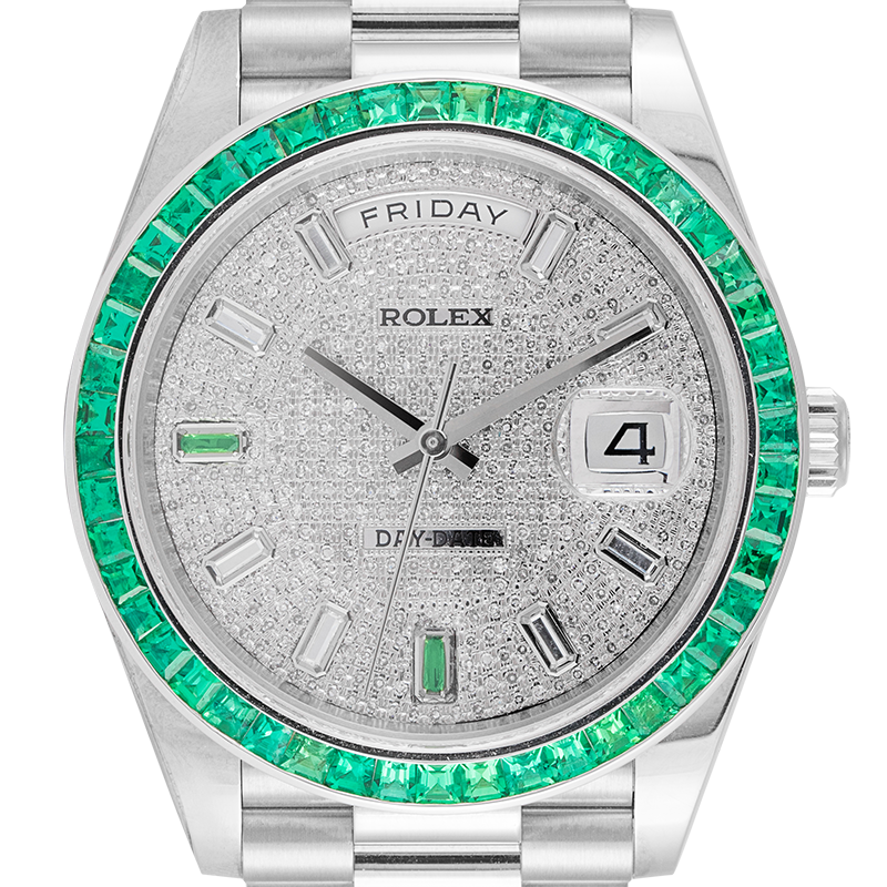 Rolex Day-Date 40 18ct White Gold Custom Diamond Paved Dial Custom Green Bezel 228239