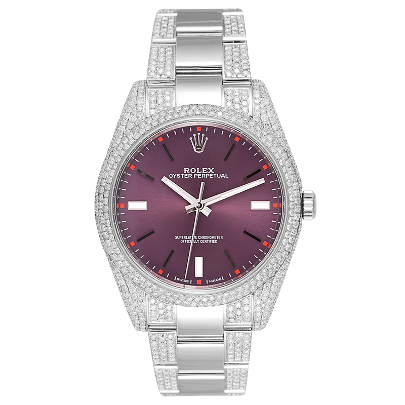 Custom Diamond Set Rolex Oyster Perpetual 39 Stainless Steel Red Grape 114300