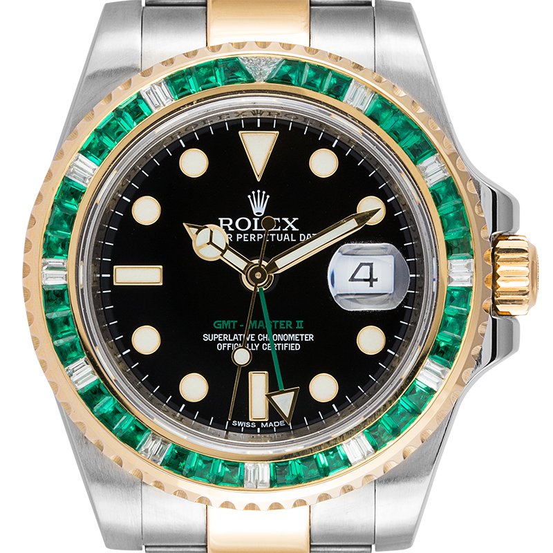 Rolex GMT-Master II Steel and Yellow Gold with custom Green Emerald bezel 116713LN