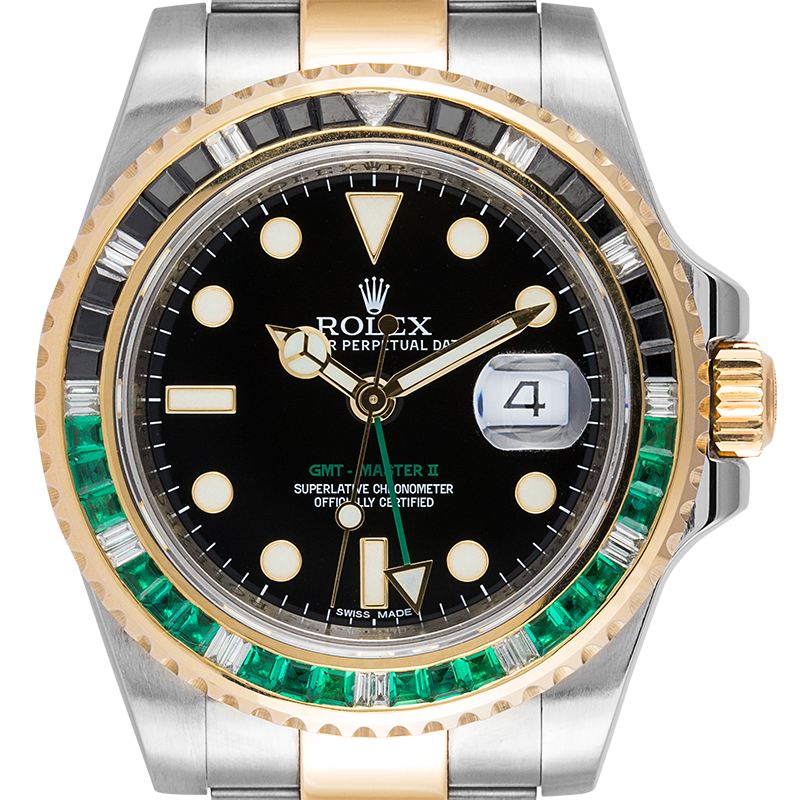 Rolex GMT-Master II Steel and Yellow Gold with custom Black/Green bezel 116713LN