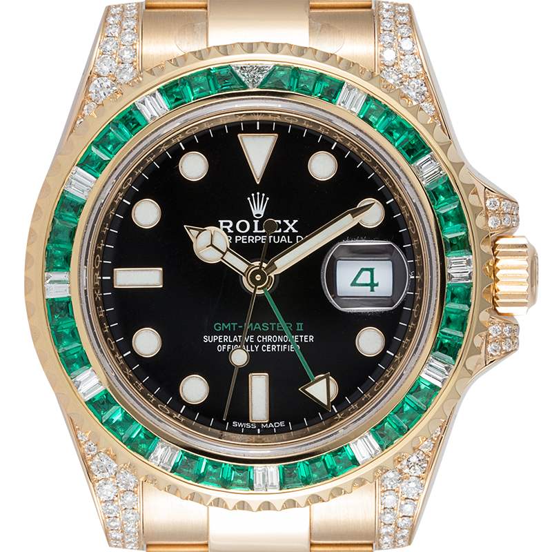 Rolex GMT-Master II 18ct Yellow Gold Diamond Set with Custom Green Emerald Bezel 116718LN