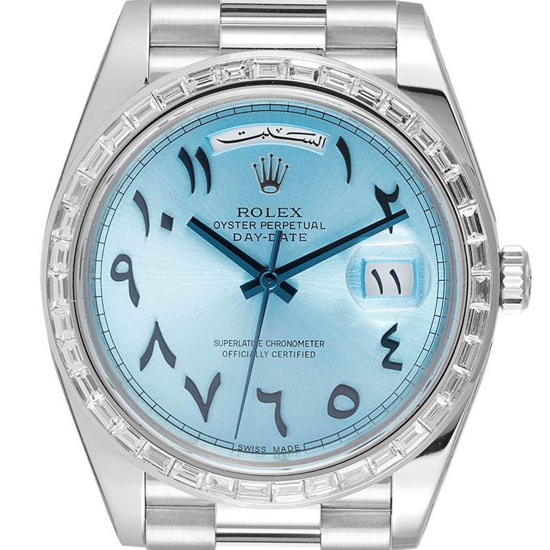 Rolex Day-Date 40 Platinum Custom Arabic Scripts Dial and Diamond Set Bezel 228206