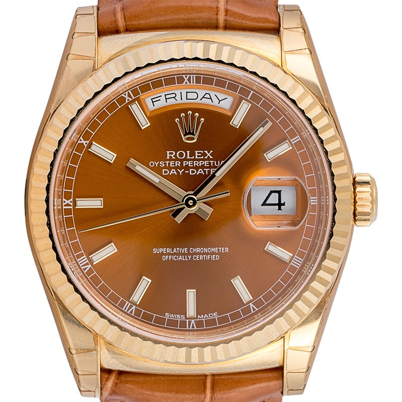 Rolex Day-Date 36 mm 18ct Yellow Gold Cognac Dial 118138