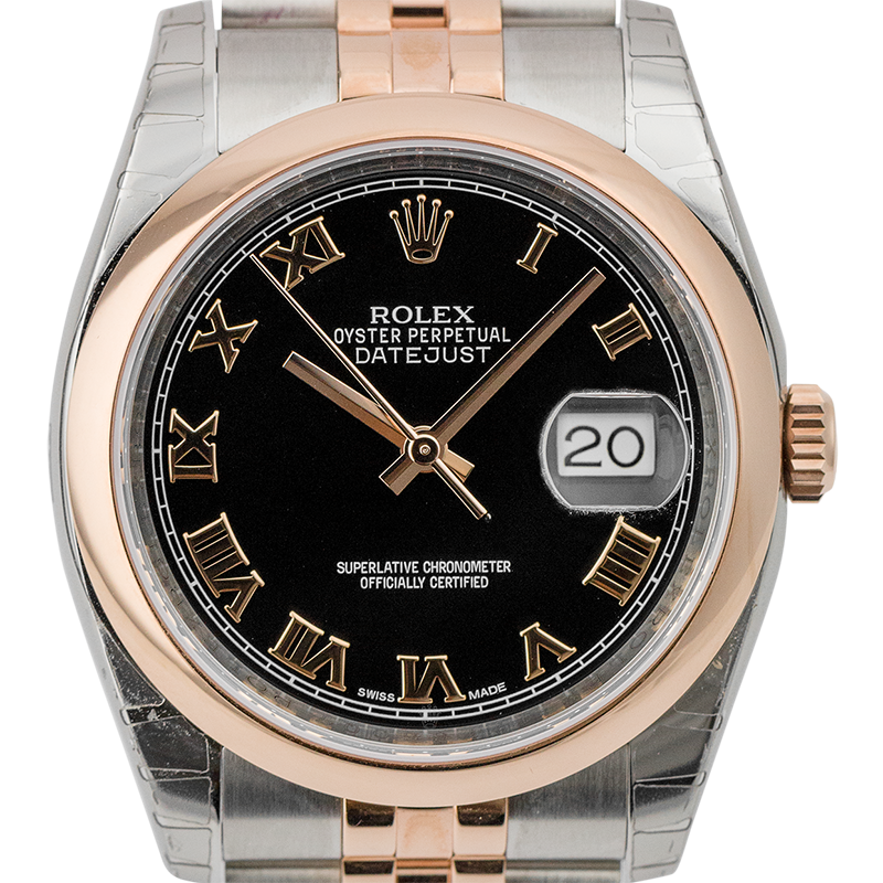 Rolex DateJust 36mm Steel and Rose Gold Black/Roman 116201