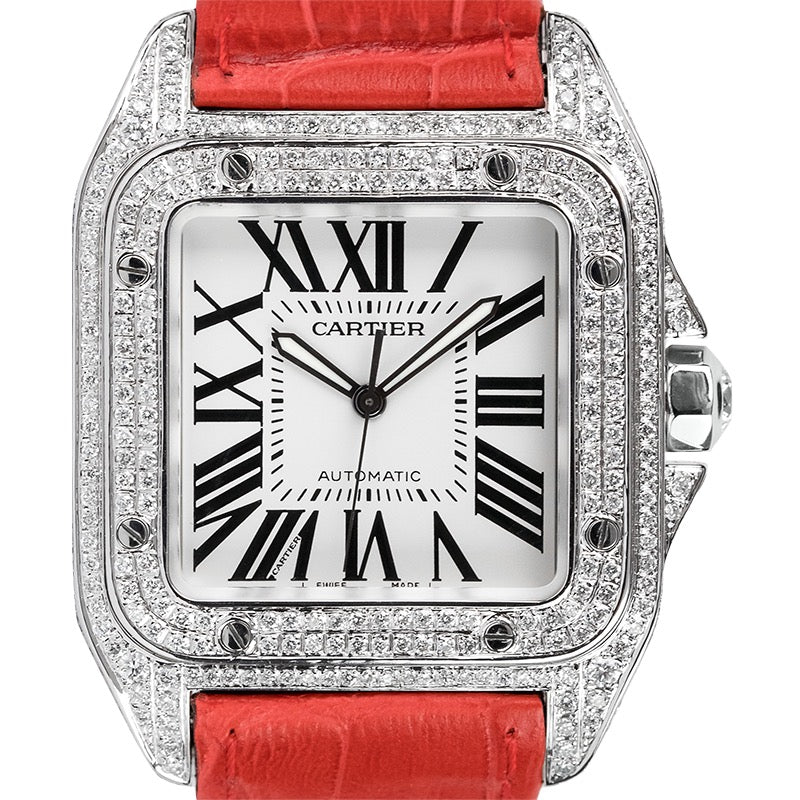 Cartier Santos 100 L Diamond Set Custom Watch Red Leather Strap W20073X8