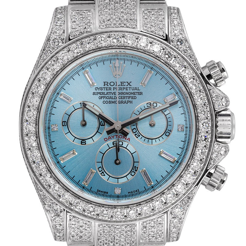 Custom Diamond Set Rolex Daytona 116509 White Gold with Custom Blue/Baguette Dial