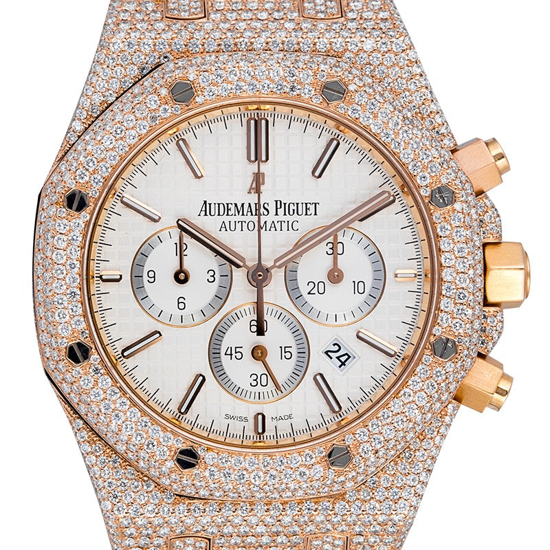 Audemars Piguet Royal Oak Chronograph Rose Gold Custom Diamond Set with White Dial