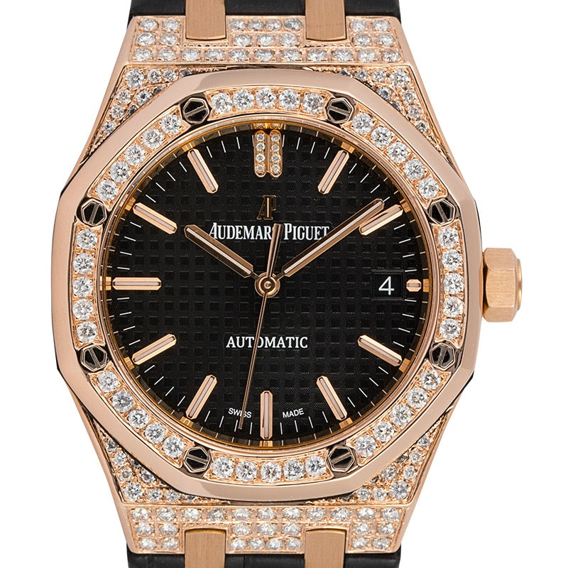 Custom Diamond Set Audemars Piguet Royal Oak 37mm Rose Gold Black Dial Watch