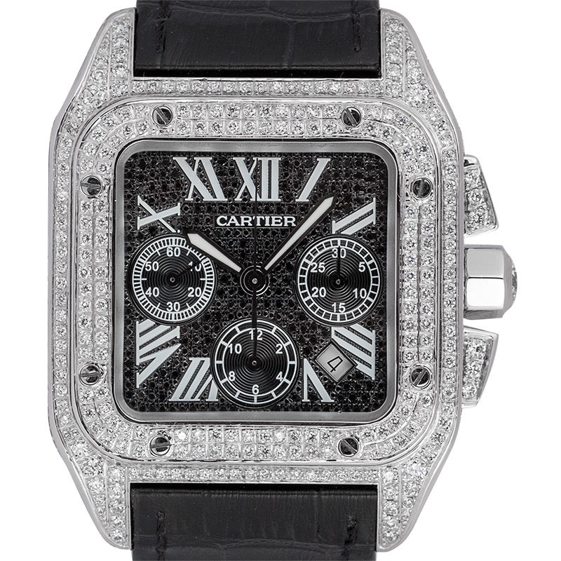 Cartier Santos 100 XL Chronograph Custom Diamond Set Black Strap W20090X8