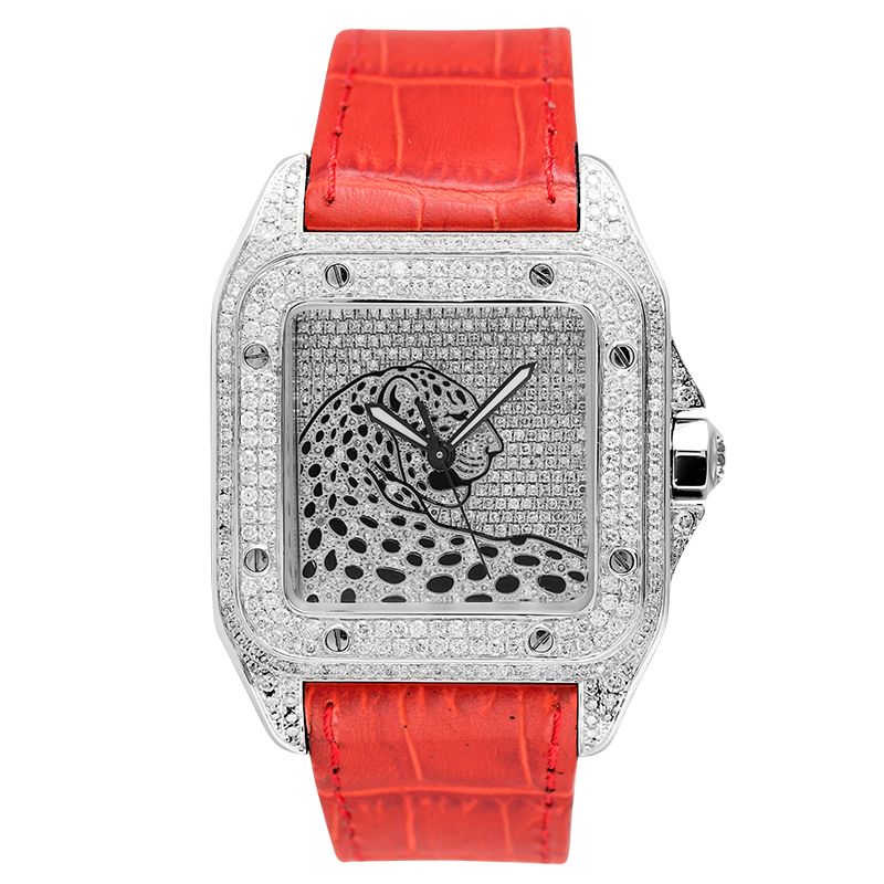 Cartier Santos 100 L Panthère Diamond Set Custom Watch Red Leather Strap W20073X8