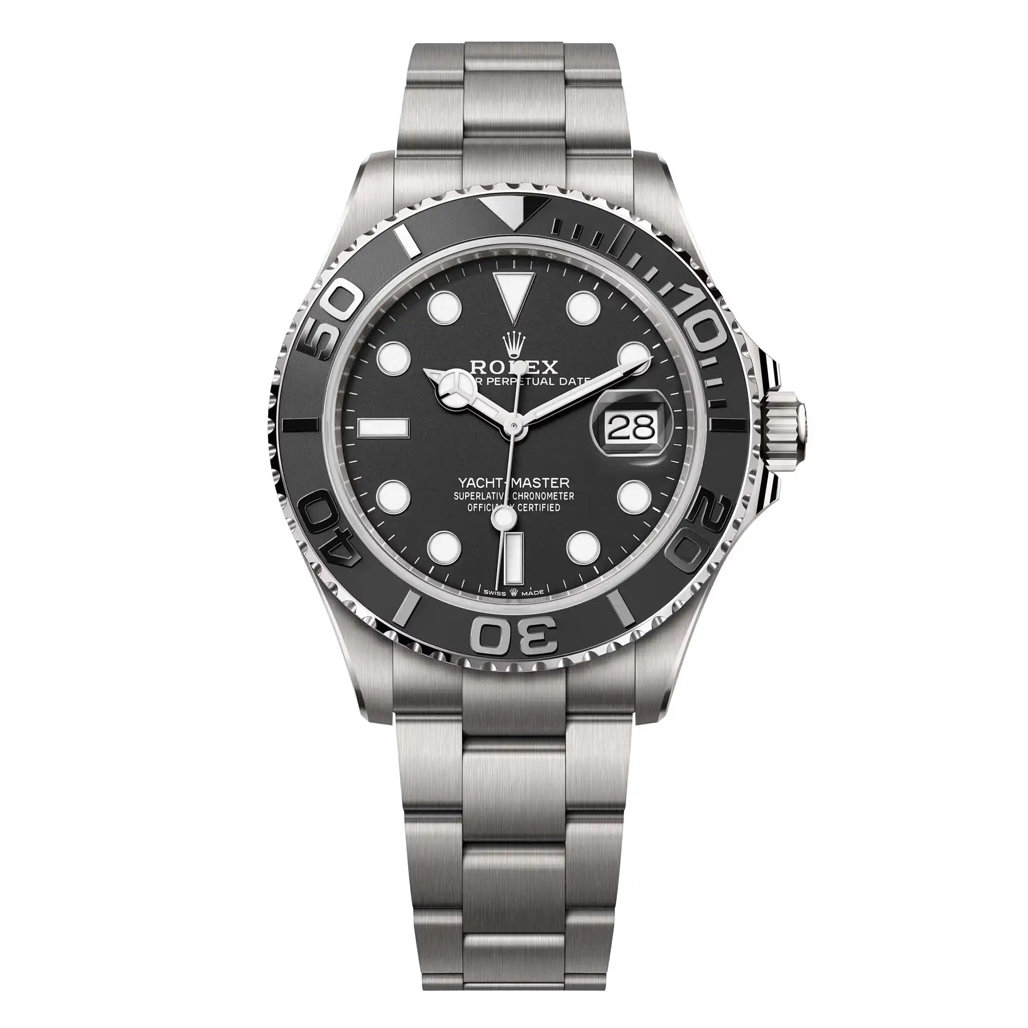 Full view of Yacht-Master 226627 black dial with an oyster bracelet