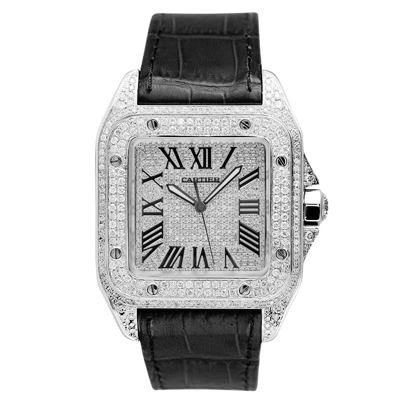 Cartier Santos 100 L Diamond Set Custom Watch Black Leather Strap W20073X8