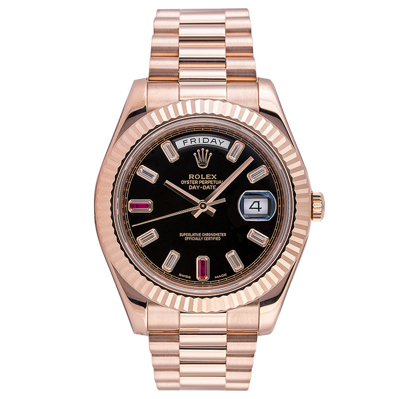 Rolex Day-Date 41 18ct Everose Gold Black Dial with Diamonds and Rubies 218235