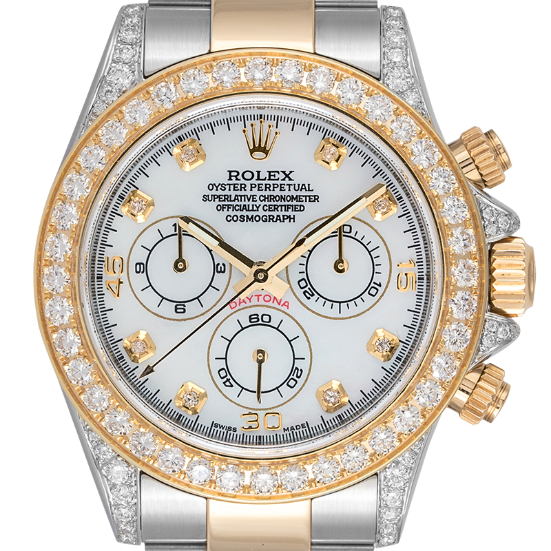 Rolex Cosmograph Daytona Steel/Yellow Gold Custom Diamond Set White MOP Dial 116523