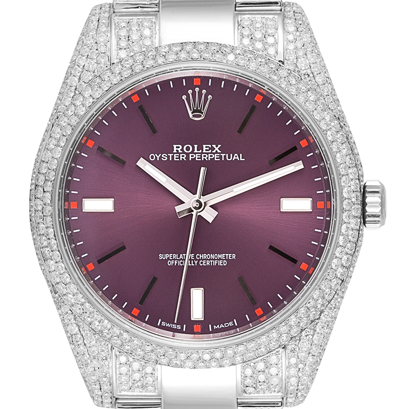 Custom Diamond Set Rolex Oyster Perpetual 39 Stainless Steel Red Grape 114300