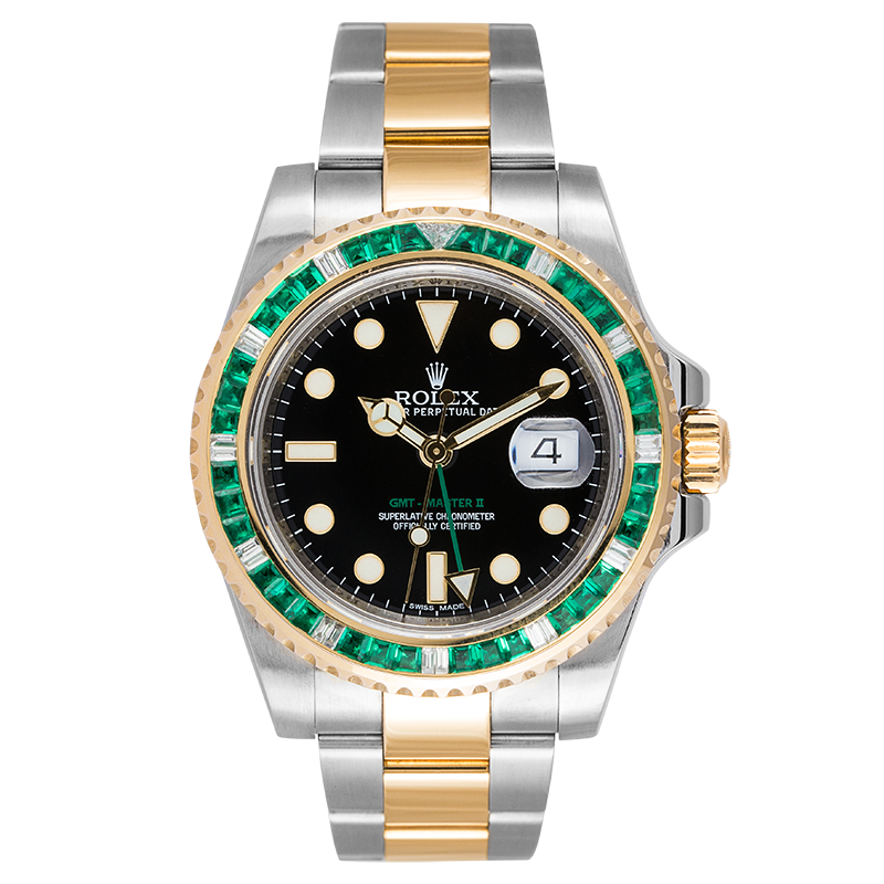 Rolex GMT-Master II Steel and Yellow Gold with custom Green Emerald bezel 116713LN