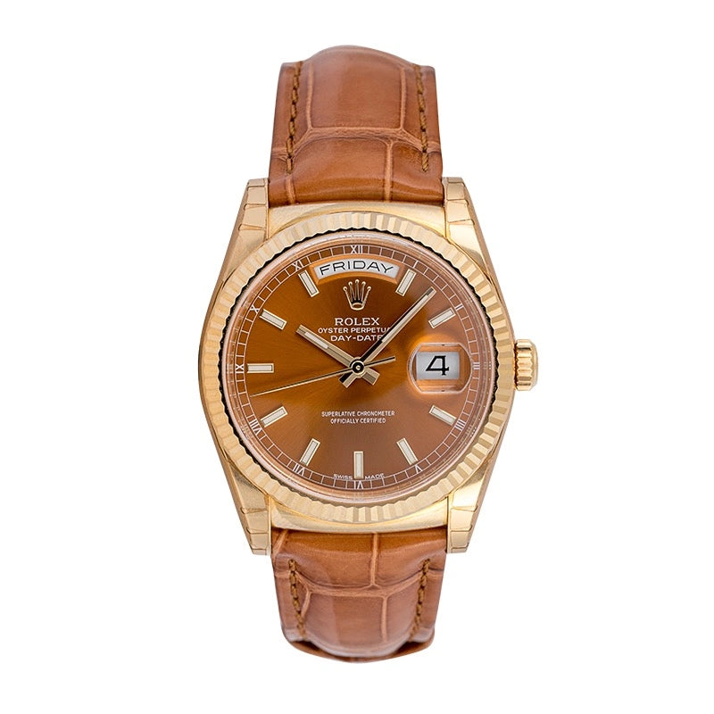 Full view of Rolex Day-Date 36 mm 18ct Yellow Gold Cognac Dial 118138