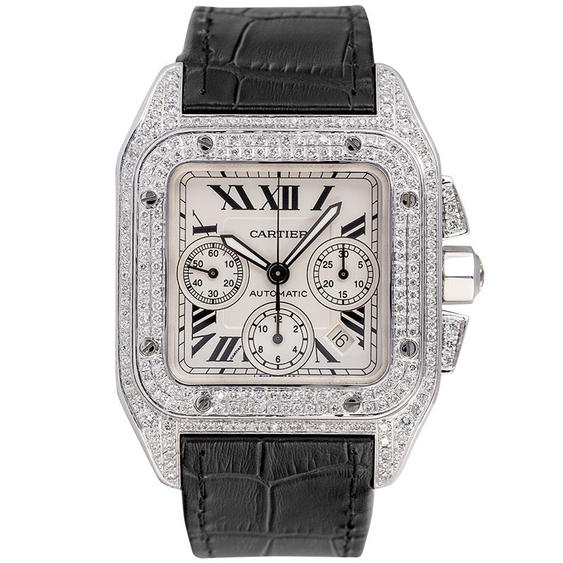 Cartier Santos 100 XL Chronograph Custom Diamond Set Black Strap W20090X8