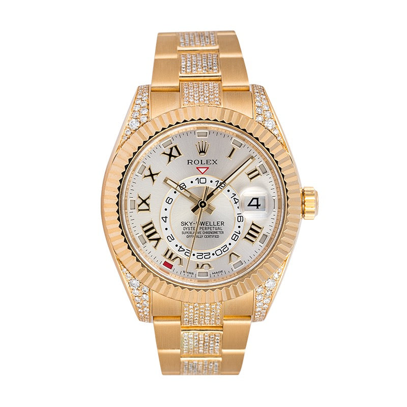 Custom Diamond Set Rolex Sky-Dweller 326938 18ct Yellow Gold Silver Dial