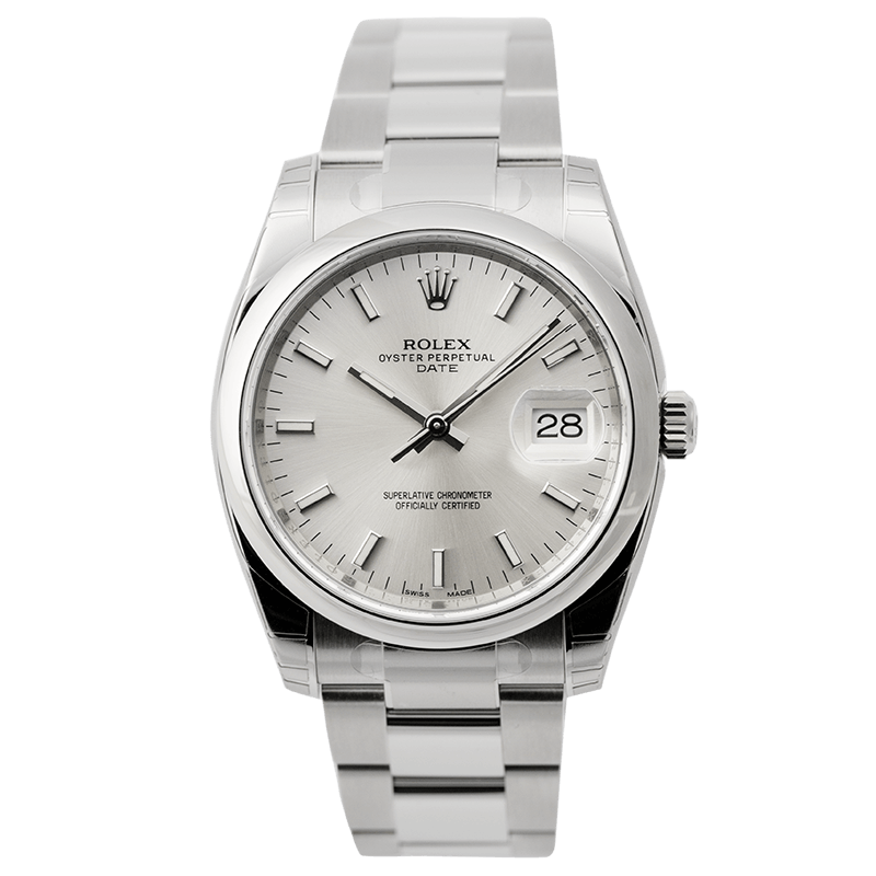 Rolex Date 34mm Stainless Steel Silver/Index Oyster 115200