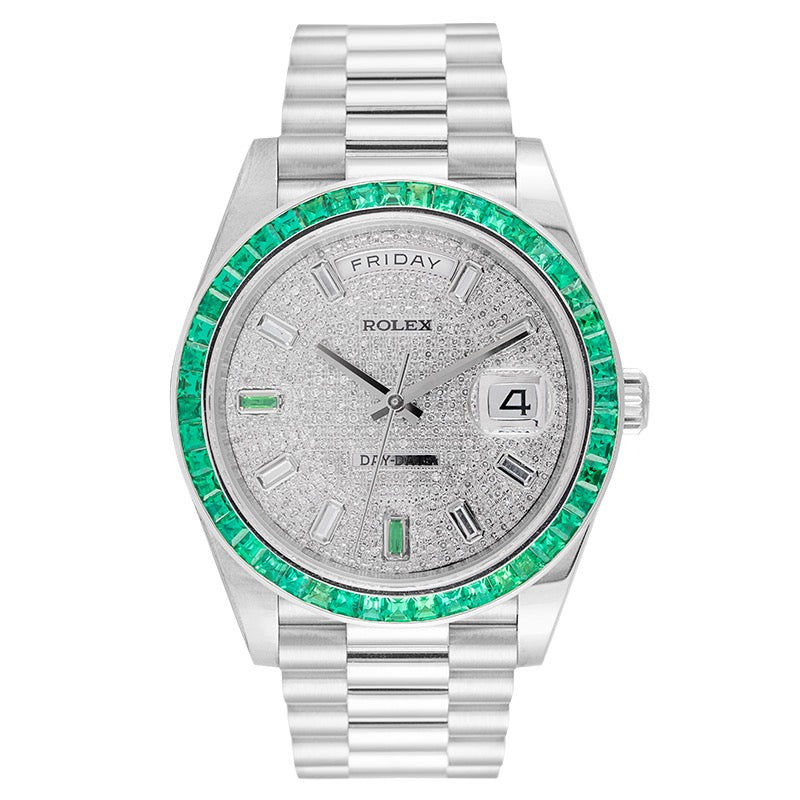 Rolex Day-Date 40 18ct White Gold Custom Diamond Paved Dial Custom Green Bezel 228239