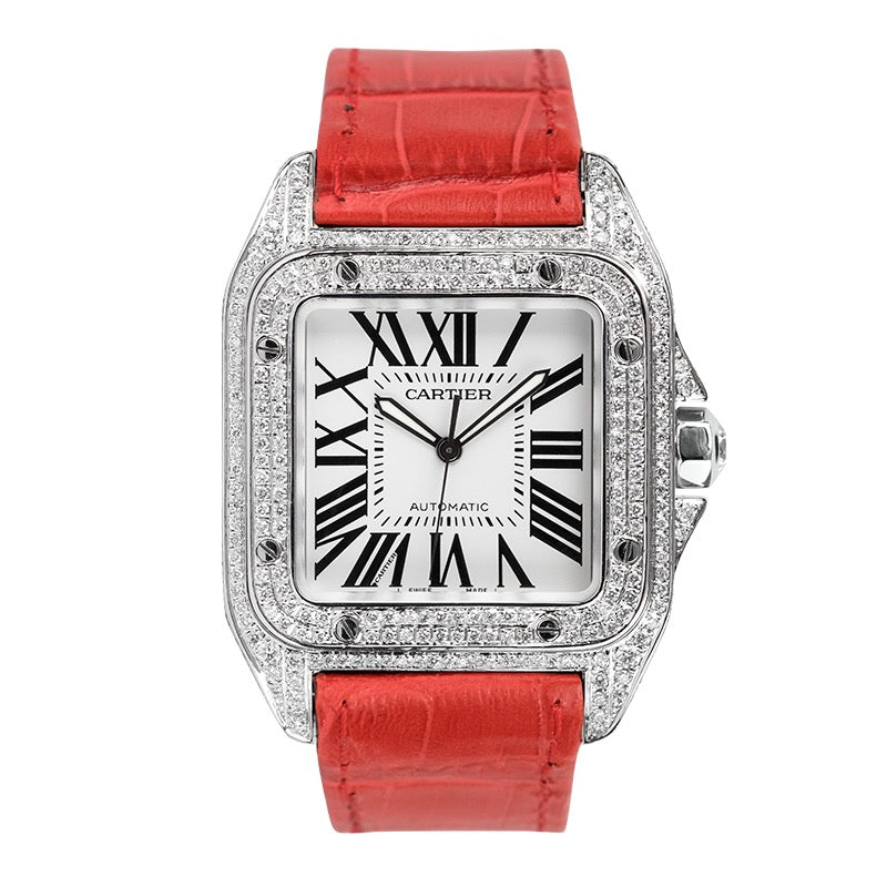 Cartier Santos 100 L Diamond Set Custom Watch Red Leather Strap W20073X8