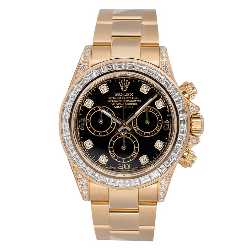 Rolex Daytona 18ct Yellow Gold Custom Diamond Set with Factory Black/Diamonds Dial 116528