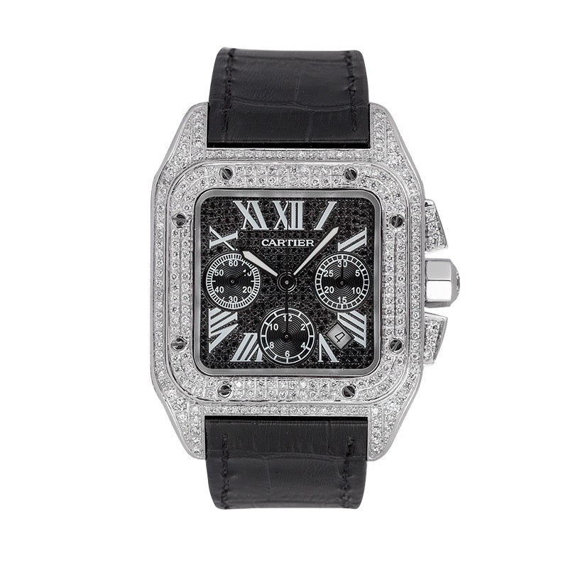 Cartier Santos 100 XL Chronograph Custom Diamond Set Black Strap W20090X8