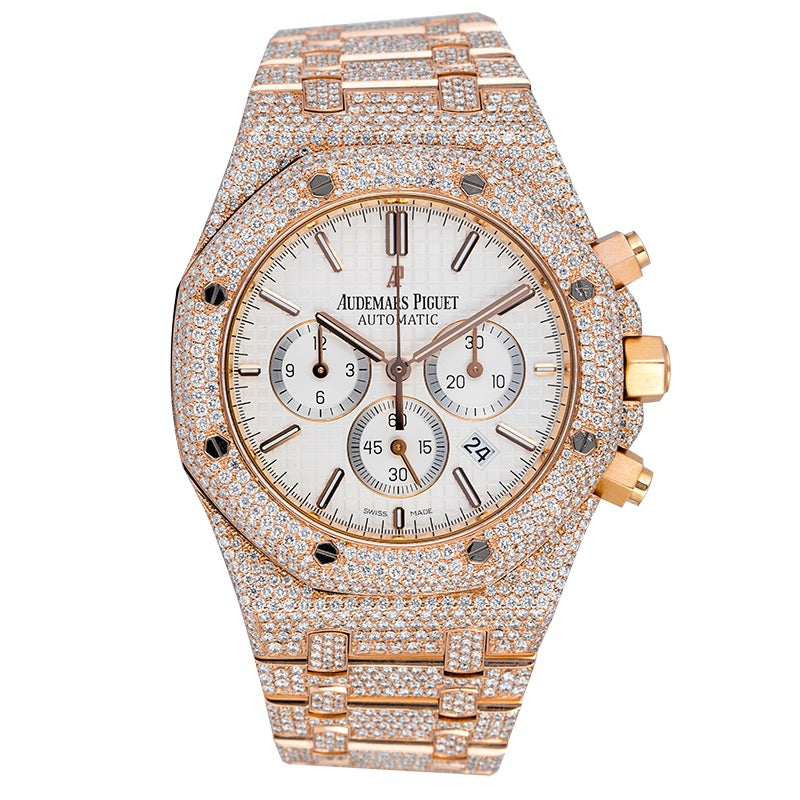 Audemars Piguet Royal Oak Chronograph Rose Gold Custom Diamond Set with White Dial