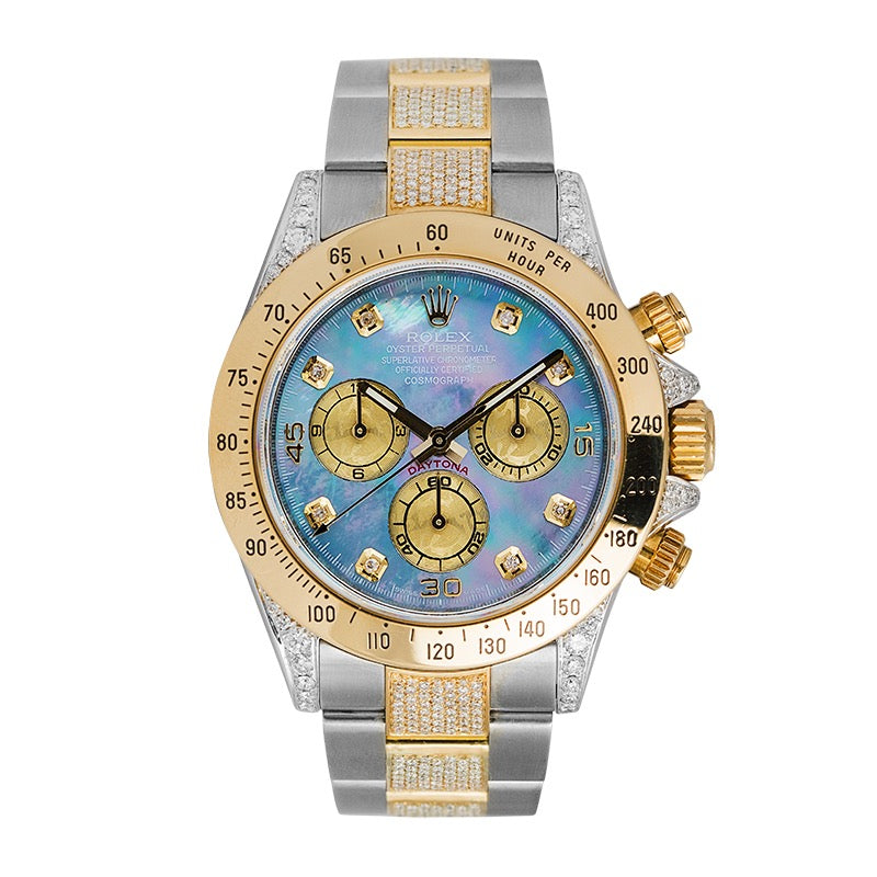 Diamond Set Rolex Daytona Steel and Gold with Custom Blue MOP Dial 116523