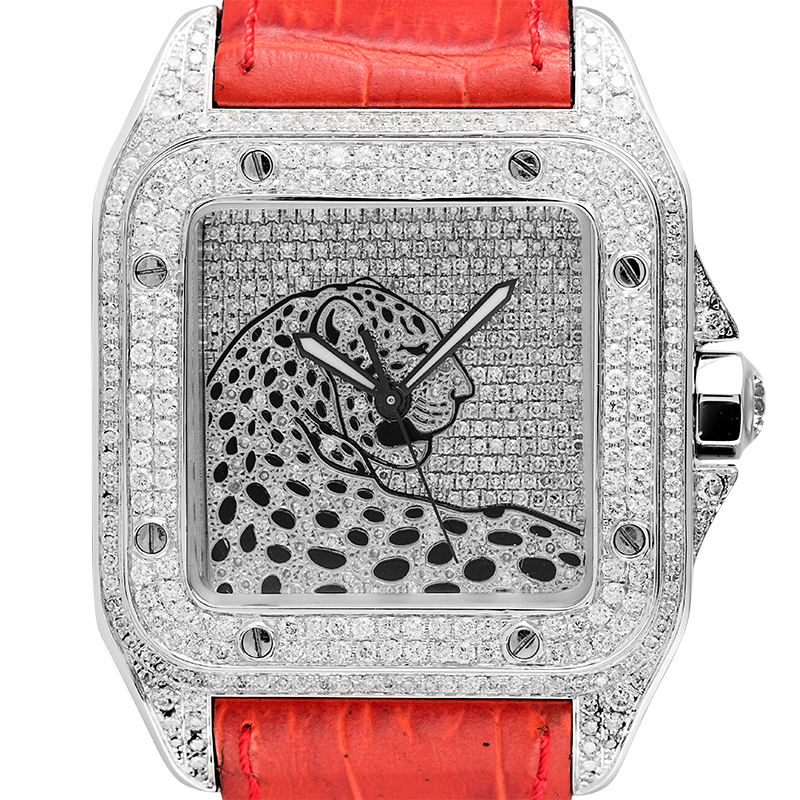 Cartier Santos 100 L Panthère Diamond Set Custom Watch Red Leather Strap W20073X8