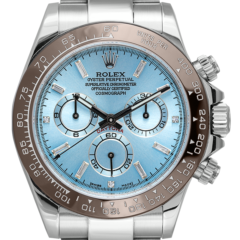 Rolex Daytona Stainless Steel custom Brown Ceramic Bezel Ice Blue/Diamonds 116520