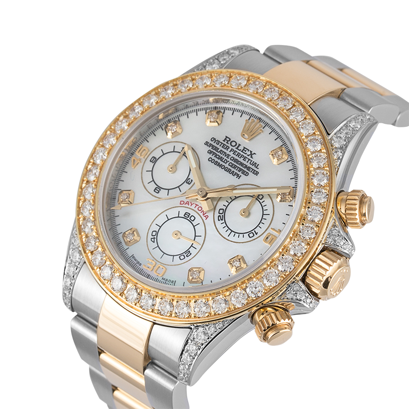 Rolex Cosmograph Daytona Steel/Yellow Gold Custom Diamond Set White MOP Dial 116523