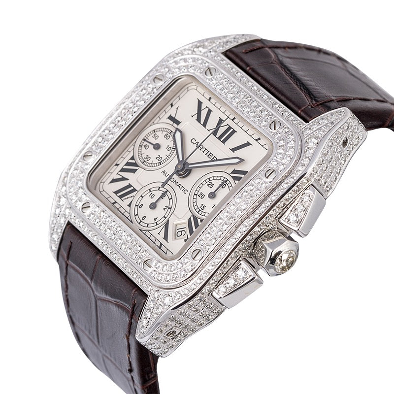 Cartier Santos 100 XL Chronograph Custom Diamond Set Brown Strap W20090X8