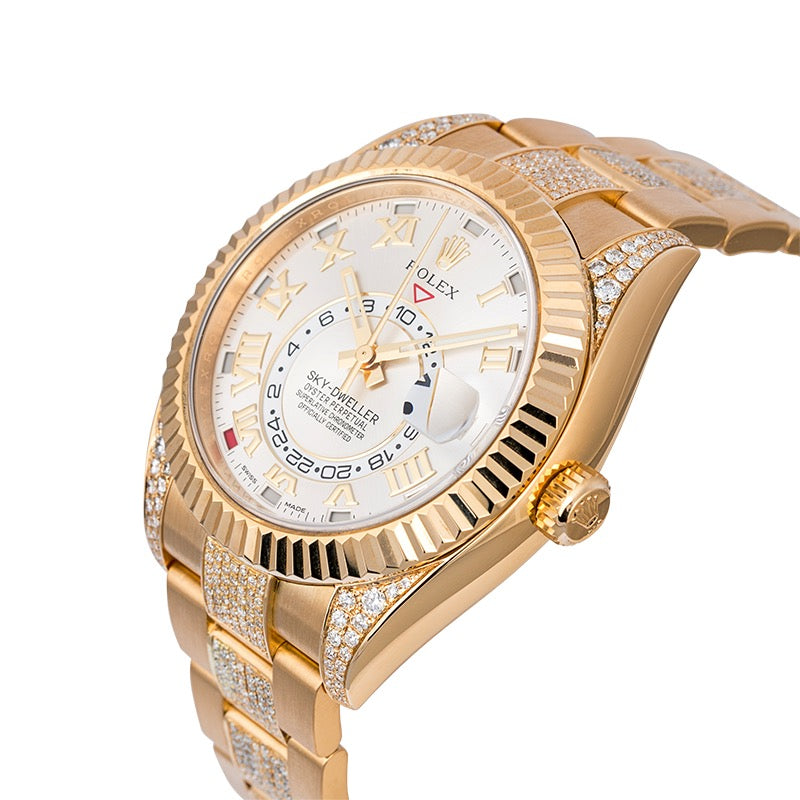 Custom Diamond Set Rolex Sky-Dweller 326938 18ct Yellow Gold Silver Dial