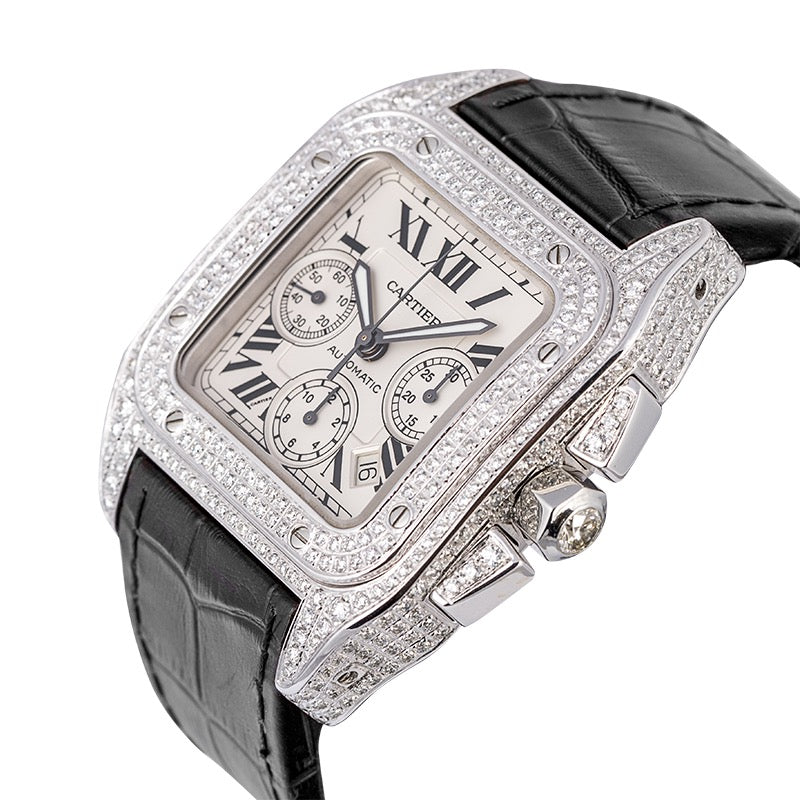 Cartier Santos 100 XL Chronograph Custom Diamond Set Black Strap W20090X8