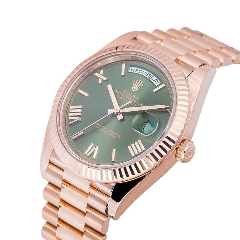 Rolex Day-Date 40 Everose Gold Olive Green/Roman President 228235