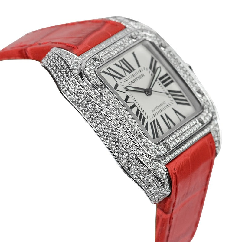 Cartier Santos 100 L Diamond Set Custom Watch Red Leather Strap W20073X8