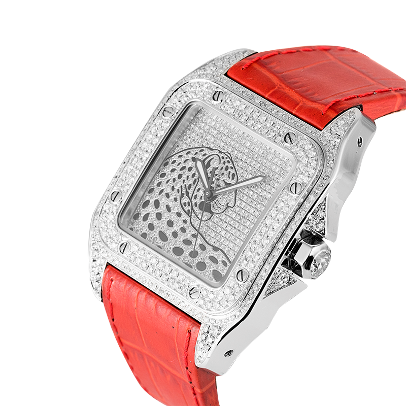 Cartier Santos 100 L Panthère Diamond Set Custom Watch Red Leather Strap W20073X8