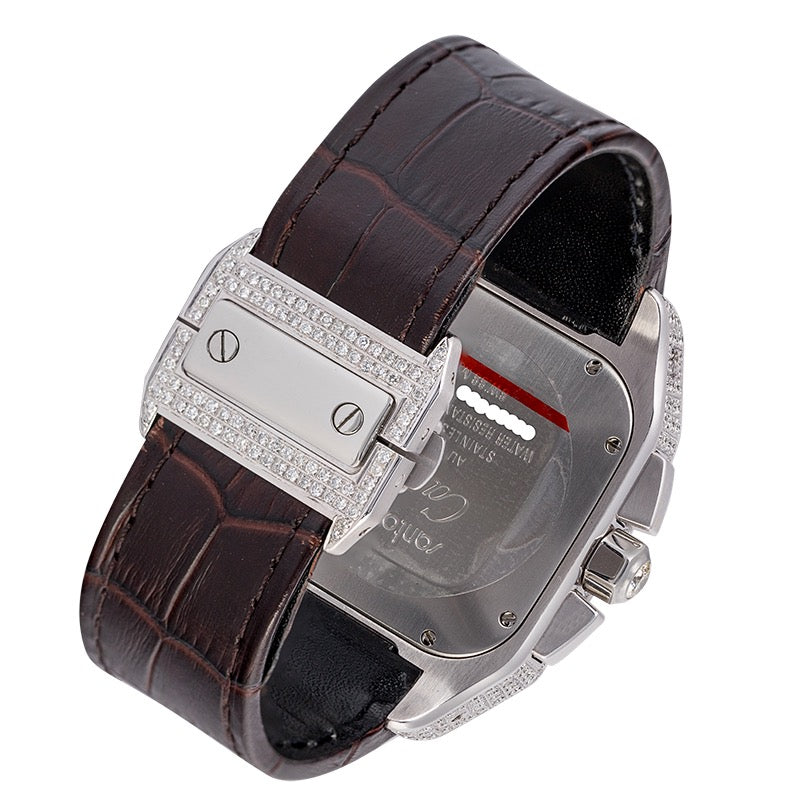 Cartier Santos 100 XL Chronograph Custom Diamond Set Brown Strap W20090X8