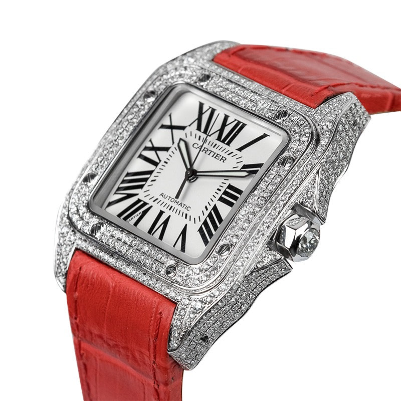 Cartier Santos 100 L Diamond Set Custom Watch Red Leather Strap W20073X8