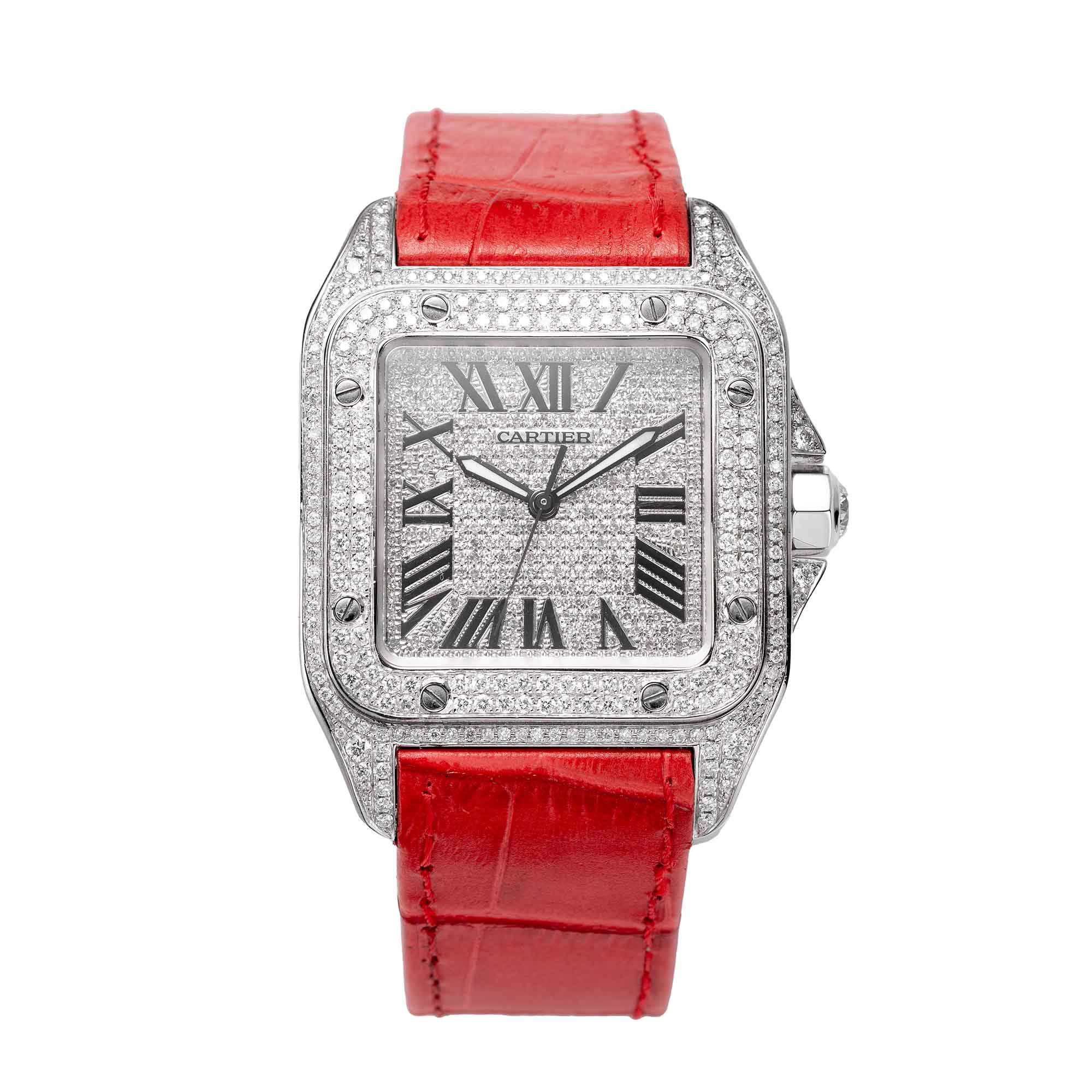 Full view of the Close up of the Cartier Santos 100 Large Watch reference W20073X8 in steel with Diamond Set case, bezel, diamond paved dial and Red Leather Strap.