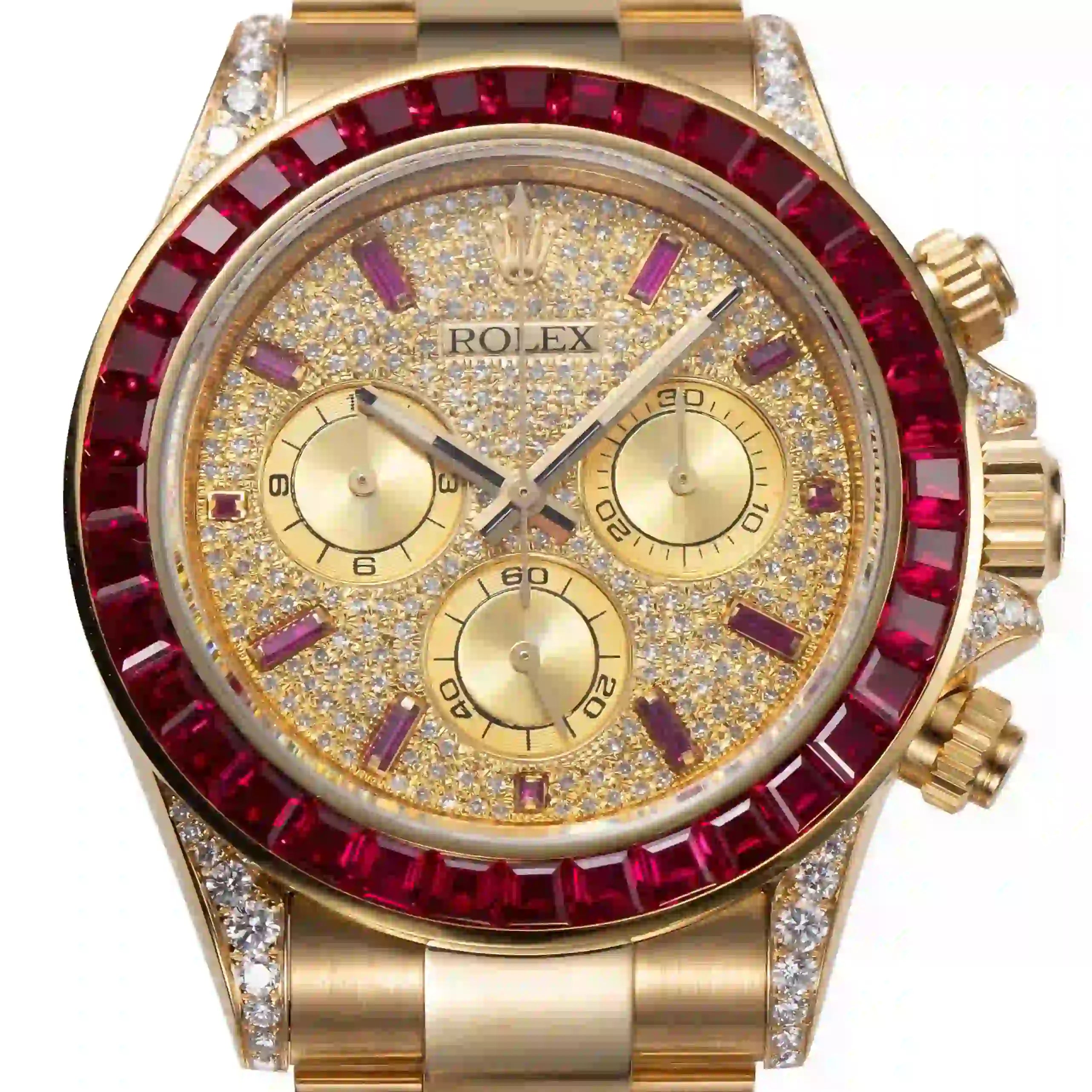 Close up - Custom Rolex Daytona 116508 Yellow Gold Ruby Diamond 