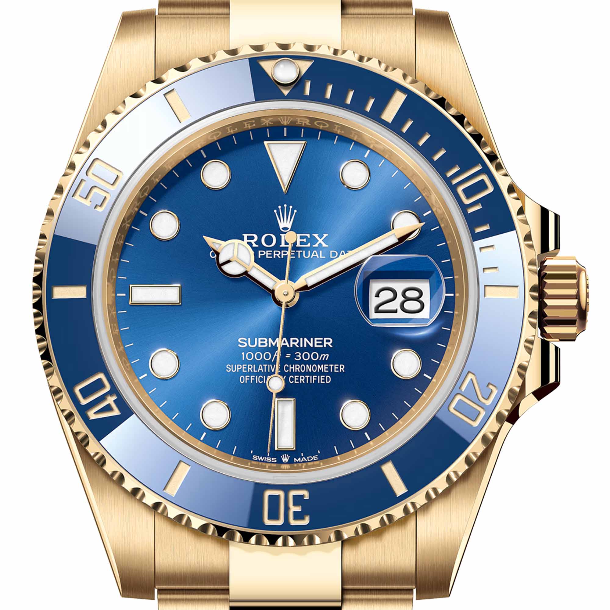 Close up of the Rolex Submariner Date 41mm Yellow Gold Blue Dial Watch 126618LB