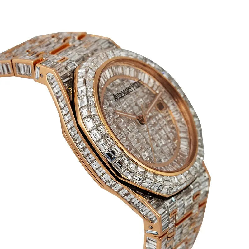 Side view of AP Royal Oak 41 Rose Gold Custom Diamond Set