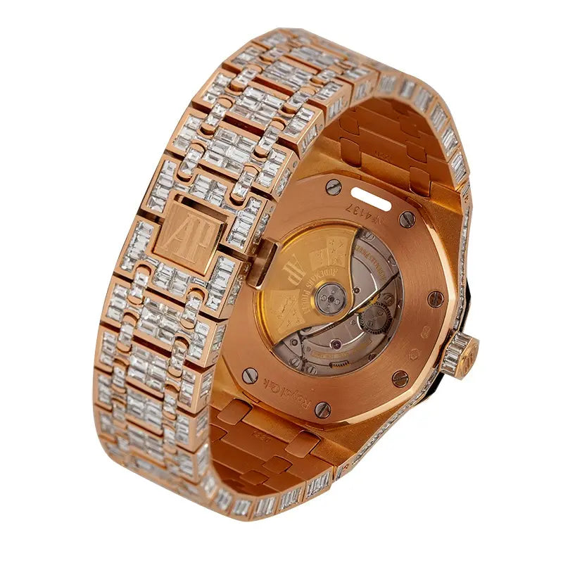 Sapphire caseback view of AP Royal Oak 41 with double fold over clasp