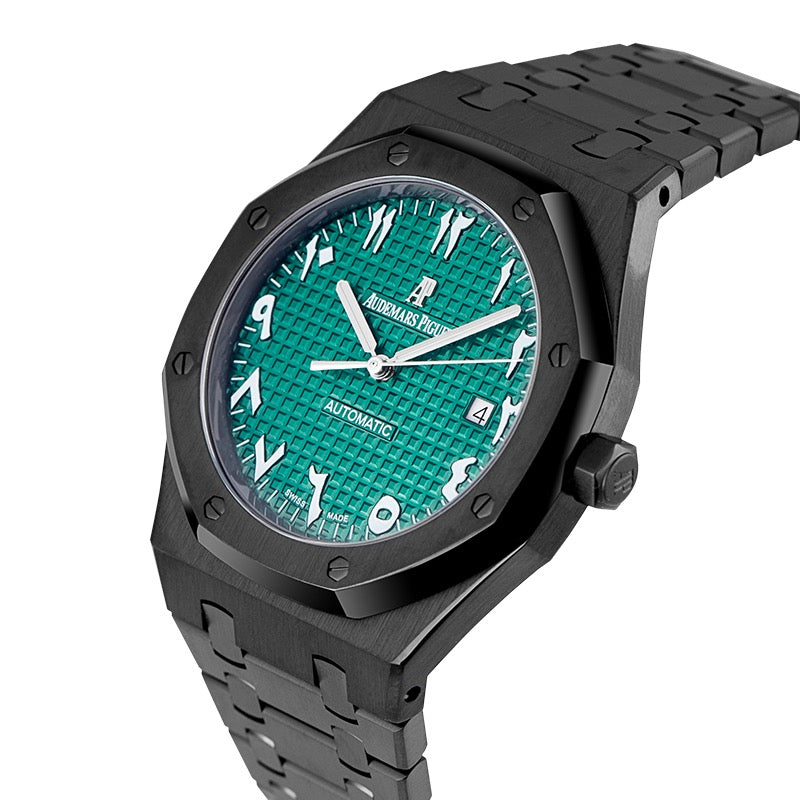 crown view of the Audemars Piguet Royal Oak 41mm Custom Black PVD with Green Arabic Dial
