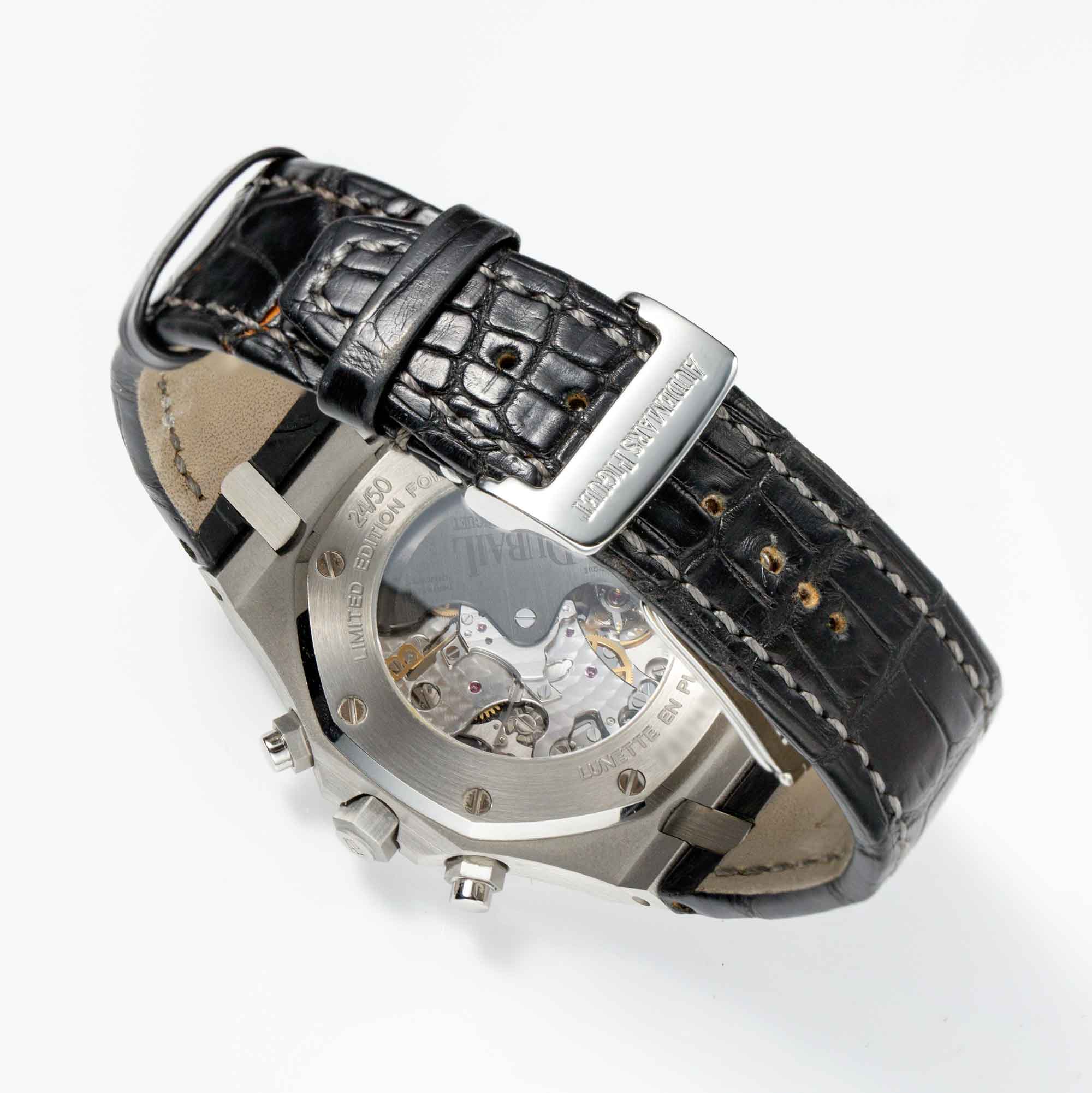 Caseback of Audemars Piguet Royal Oak Chronograph Dubail Limited Edition with sapphire case back showing the movement