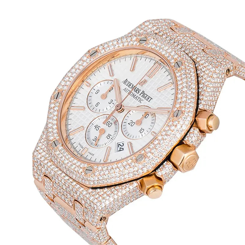 Side view of AP Royal Oak Chronograph Rose Gold Custom Diamond Set